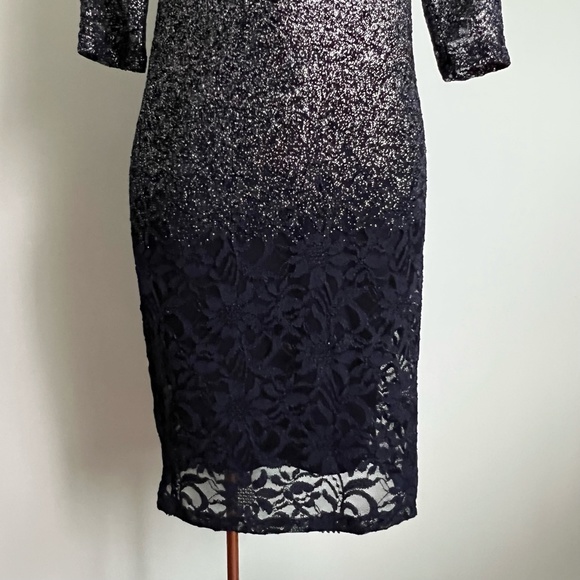Marina - Dark Blue & Silver Floral Lace Midi Dress - Picture 3 of 13